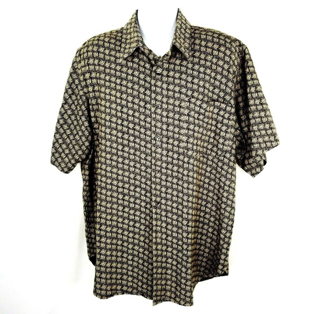 Murano Button Front Shirt Mens Size XL Linen Blend Tan Gray Pattern Short Sleeve